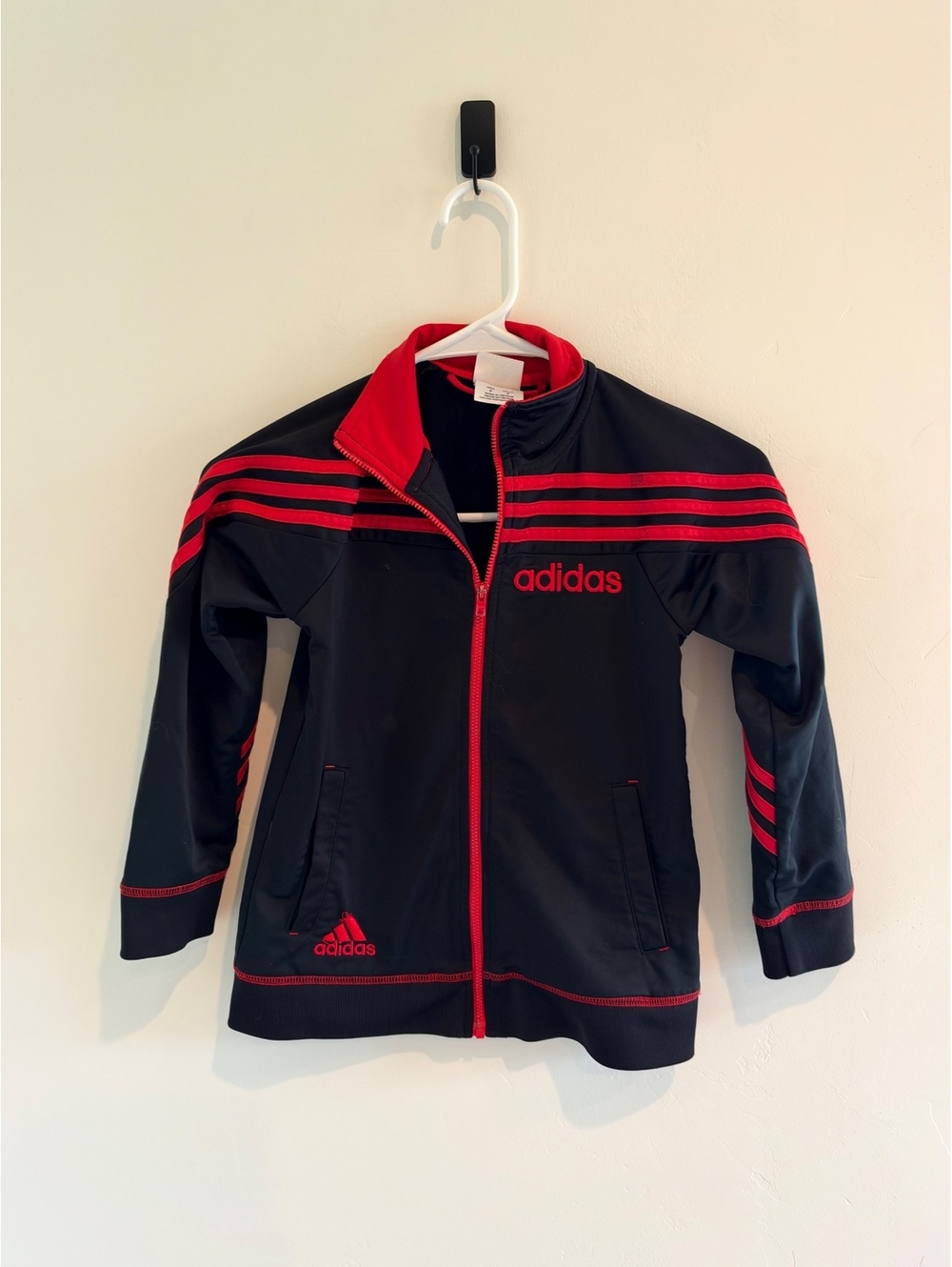 Adidas Kids Size 7 Black Red Full Zip Track Jacket 3 Stripe